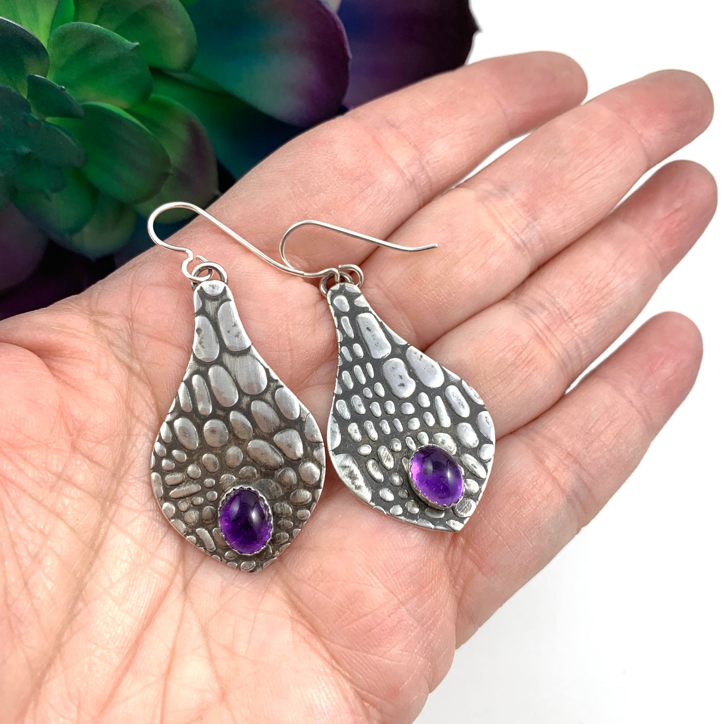 Mandana Studios sterling silver textured with a crocodile pattern and accented with gorgeous Amethyst stones
