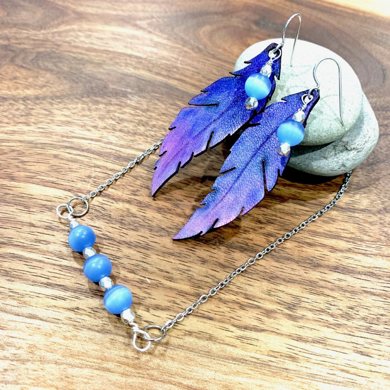 Blue catseye pendant and matching earrings