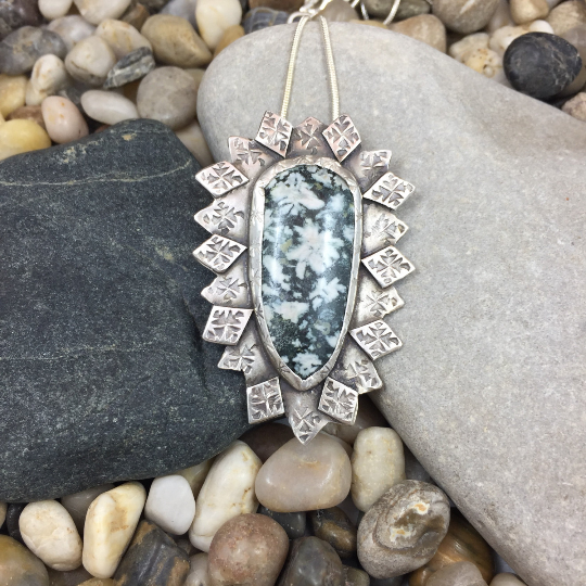 Mandana Studios Chrysanthemum Jasper stone set in silver stamped with tiny star bursts pendant