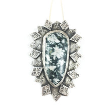 Load image into Gallery viewer, Mandana Studios Chrysanthemum Jasper stone set in silver stamped with tiny star bursts pendant

