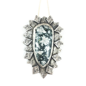 Mandana Studios Chrysanthemum Jasper stone set in silver stamped with tiny star bursts pendant