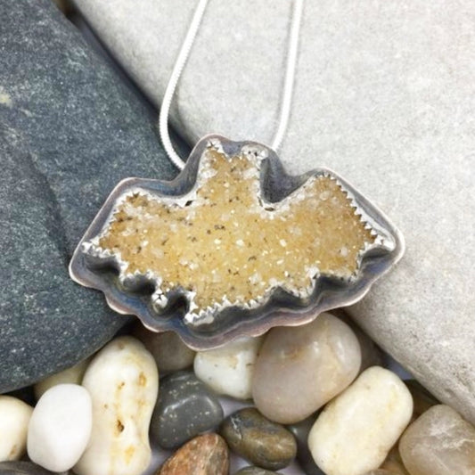 Mandana Studios sterling silver yellow druzy bat pendant, bat totem pendant