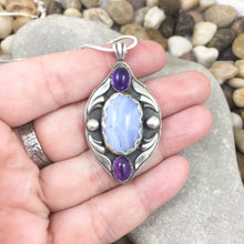 Load image into Gallery viewer, Mandana Studios sterling silver BLUE LACE AGATE &amp; AMETHYST PENDANT
