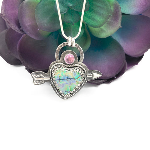 Mandana Studios sterling silver arrow shot through a cultured opal heart pendant