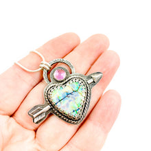 Load image into Gallery viewer, Mandana Studios sterling silver arrow shot through a cultured opal heart pendant
