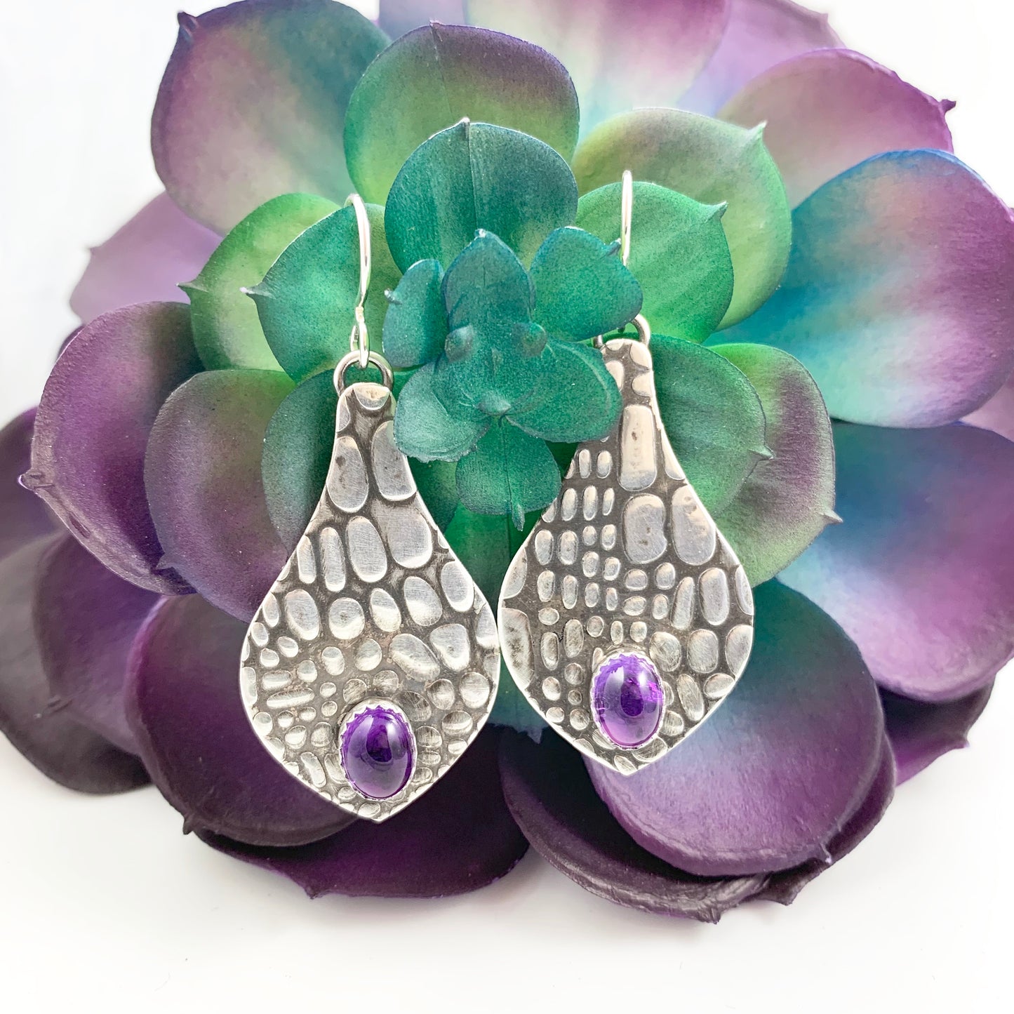 Mandana Studios sterling silver textured with a crocodile pattern and accented with gorgeous Amethyst stones