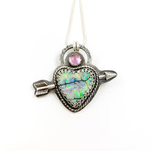 Load image into Gallery viewer, Mandana Studios sterling silver arrow shot through a cultured opal heart pendant

