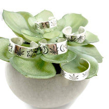 Load image into Gallery viewer, Mandana Studios Cannabis adjustable silver rings, cannabis silver jewelry, sterling silver rings, handstamped hemp rings
