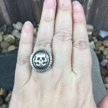 Load image into Gallery viewer, Mandana Studios sterling silver skull with halo ring 
