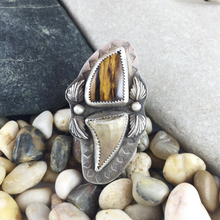 Load image into Gallery viewer, Mandana Studios sterling silver TIGEREYE AND MOSASAUR TOOTH RING
