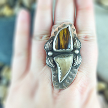 Load image into Gallery viewer, Mandana Studios sterling silver TIGEREYE AND MOSASAUR TOOTH RING
