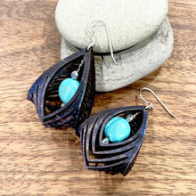Load image into Gallery viewer, black leather cage earrings with howlite stone 1
