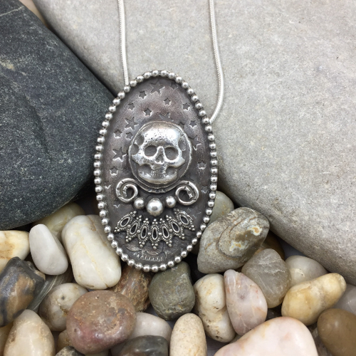 Mandana Studios sterling silver skull pendant, fortune teller pendant