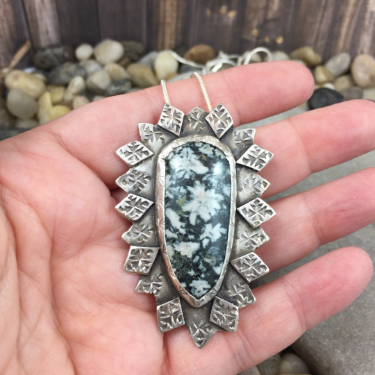 Mandana Studios Chrysanthemum Jasper stone set in silver stamped with tiny star bursts pendant