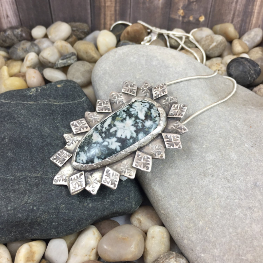 Mandana Studios Chrysanthemum Jasper stone set in silver stamped with tiny star bursts pendant