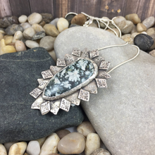 Load image into Gallery viewer, Mandana Studios Chrysanthemum Jasper stone set in silver stamped with tiny star bursts pendant
