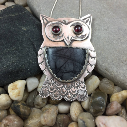 Mandana Studios PICASSO JASPER OWL WITH GARNET EYES