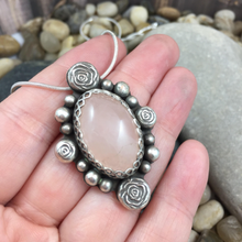 Load image into Gallery viewer, Mandana Studios sterling silver Rose Quartz pendant with pretty silver roses
