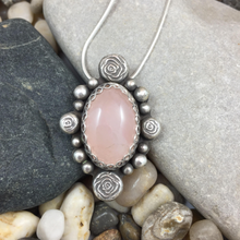 Load image into Gallery viewer, Mandana Studios sterling silver Rose Quartz pendant with pretty silver roses

