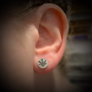 Mandana Studios Cannabis round earrings, cannabis silver jewelry, sterling silver earrings, handstamped hemp earrings