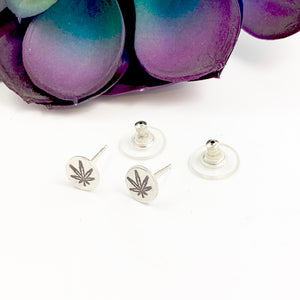 Mandana Studios Cannabis round earrings, cannabis silver jewelry, sterling silver earrings, handstamped hemp earrings