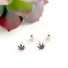 Load image into Gallery viewer, Mandana Studios Cannabis round earrings, cannabis silver jewelry, sterling silver earrings, handstamped hemp earrings
